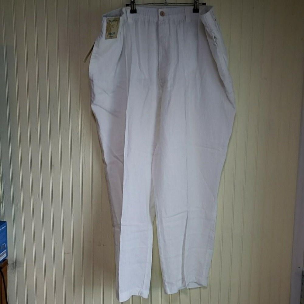 Caribbean Pants Mens 48x30 White Linen Pleated Elastic Waist Relaxed Fit Chino
